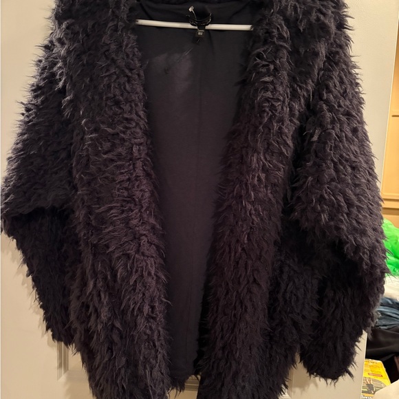 Express Navy Blue Faux Fur Coat with hood and pockets - Picture 3 of 5
